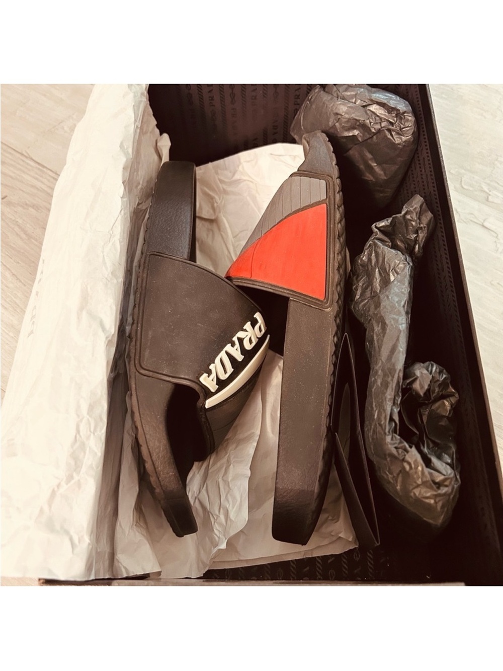 Prada Brown Slide Sandals with Red & White Accents